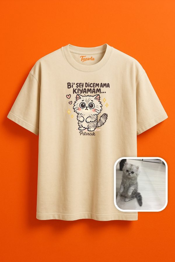 Pıtırcık Kedi ile Rahat Tarz Unisex Oversize T-Shirt - Görsel 2
