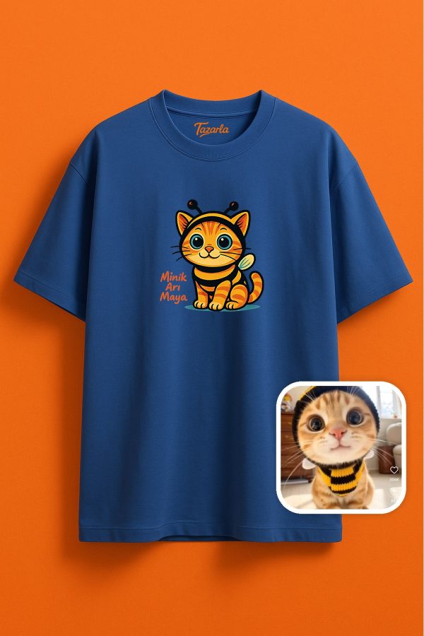 Minik Arı Maya ile Eğlenceli Kediler Unisex Oversize T-Shirt - Görsel 3
