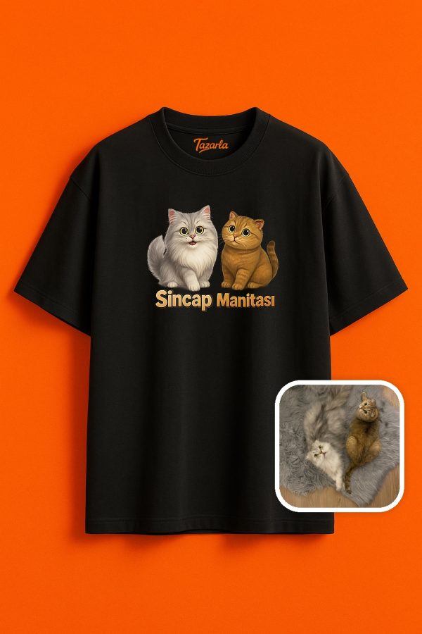 Sincap ve Manitası Desenli Unisex Oversize T-Shirt Modası Unisex Oversize T-Shirt - Görsel 3