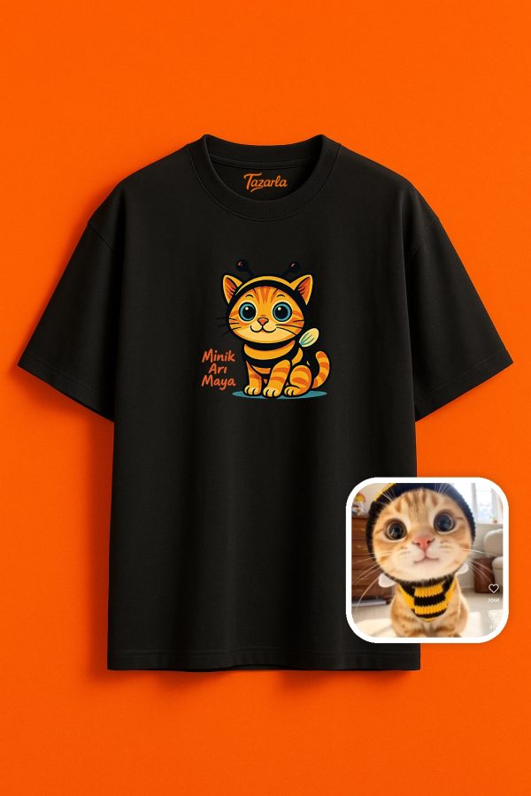 Minik Arı Maya ile Eğlenceli Kediler Unisex Oversize T-Shirt - Görsel 4